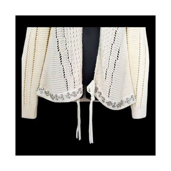 One Girl Who Open Knit Collared Cardigan Embellished Tie Front Hem  Cottagecore - Picture 3 of 12
